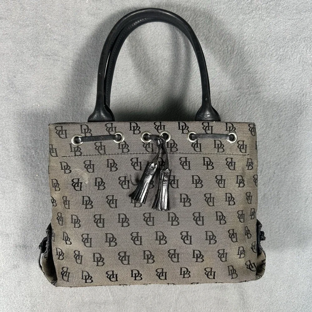 Dooney & Bourke Monogram Canvas Tassel Tote Bag Y2K Brown Black Shoulder Purse